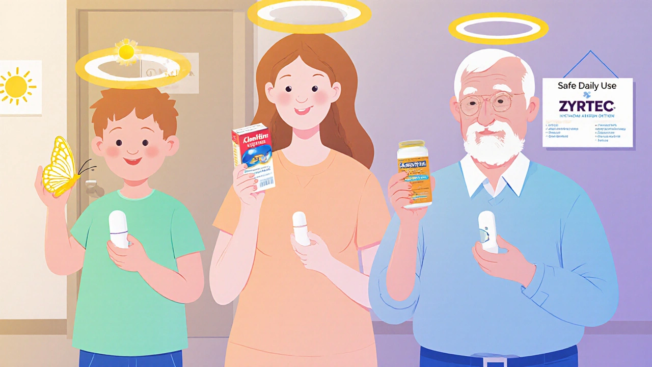 A family with age-specific antihistamines, each with symbolic halos, warm lighting, medical safety theme.