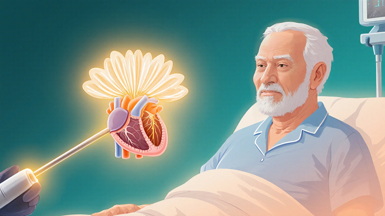 A patient undergoing TAVR with a catheter replacing a heart valve in gradient tones.