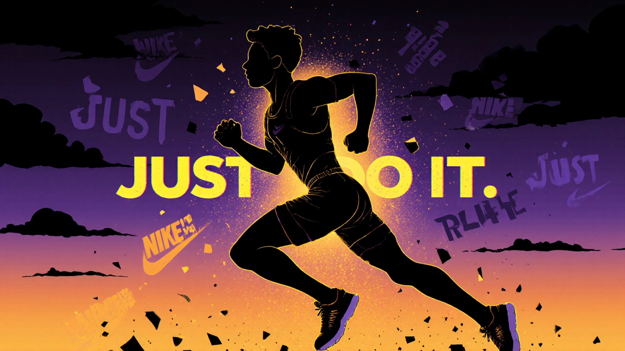 A runner energized by the &#039;Just Do It&#039; aura, with fading slogans crumbling behind.