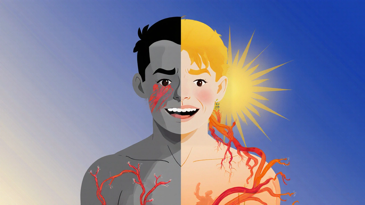 A split-body illustration showing pain on one side and improved blood flow on the other.