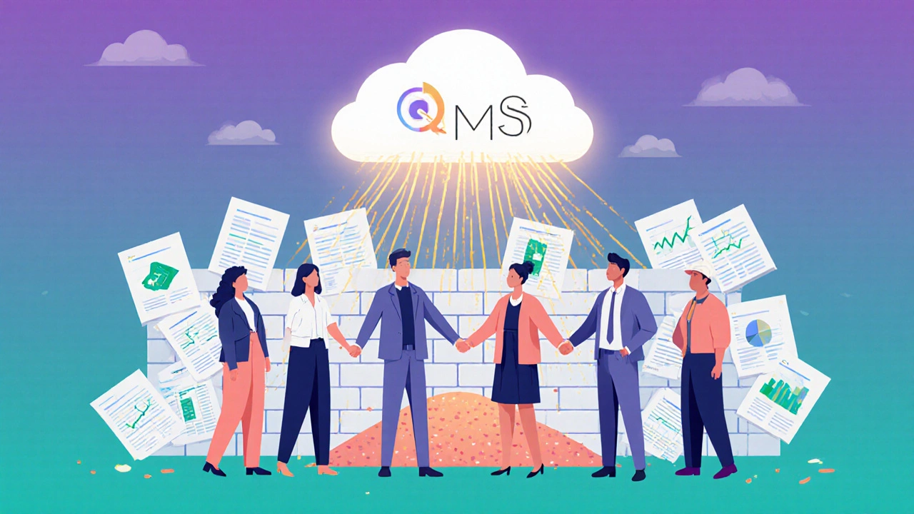 A team connected by data streams under a cloud-based quality system, overcoming silos.