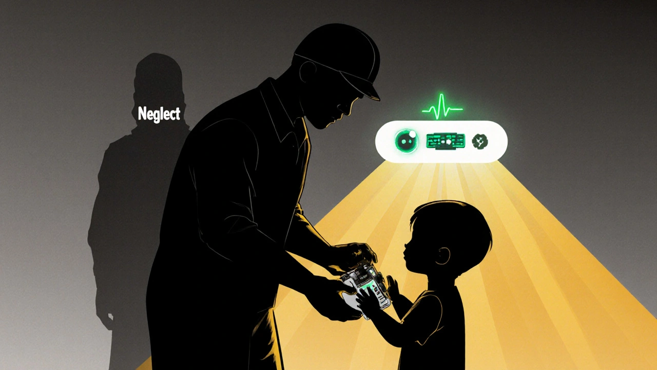 A worker hands a repaired medical device to a child, with AI ensuring safety and trust.