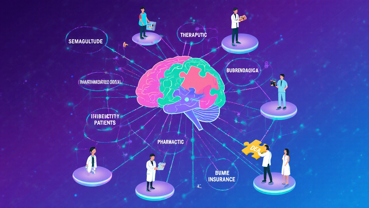 AI brain connecting drug names to four color-coded classification systems with figures holding puzzle pieces.