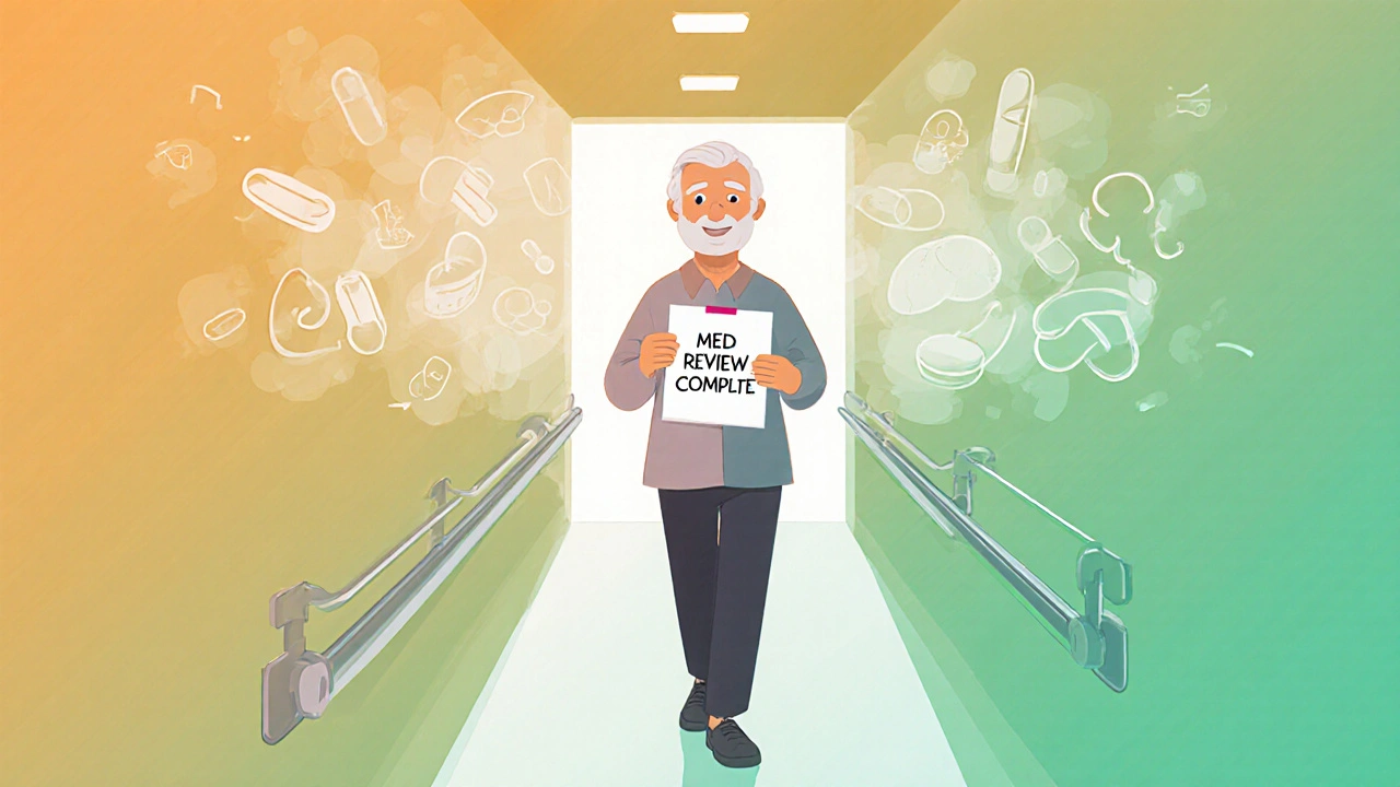 Confident senior walking safely down hallway as risky medications fade away in gradient light.