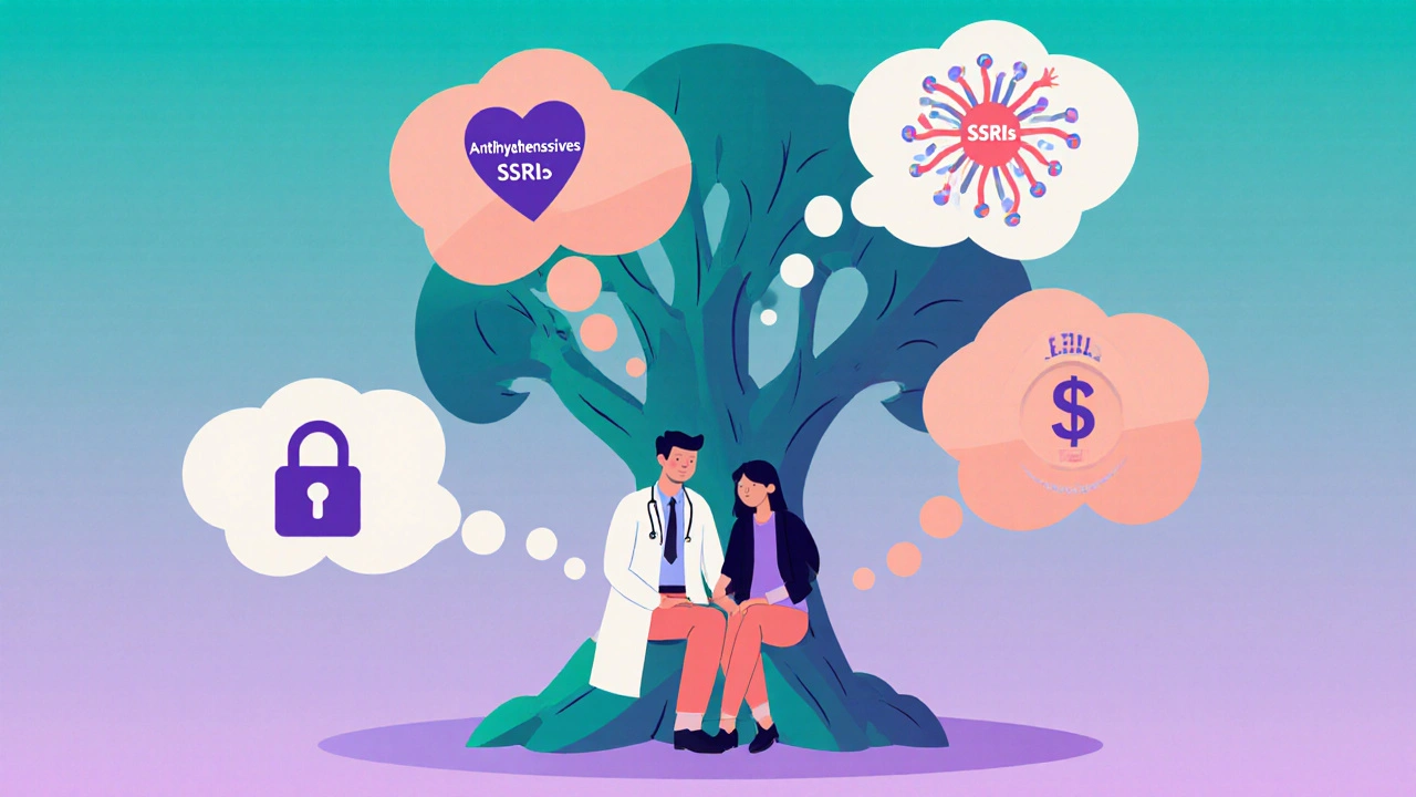 Doctor and patient under a molecule-shaped tree with four thought bubbles showing drug classification symbols.
