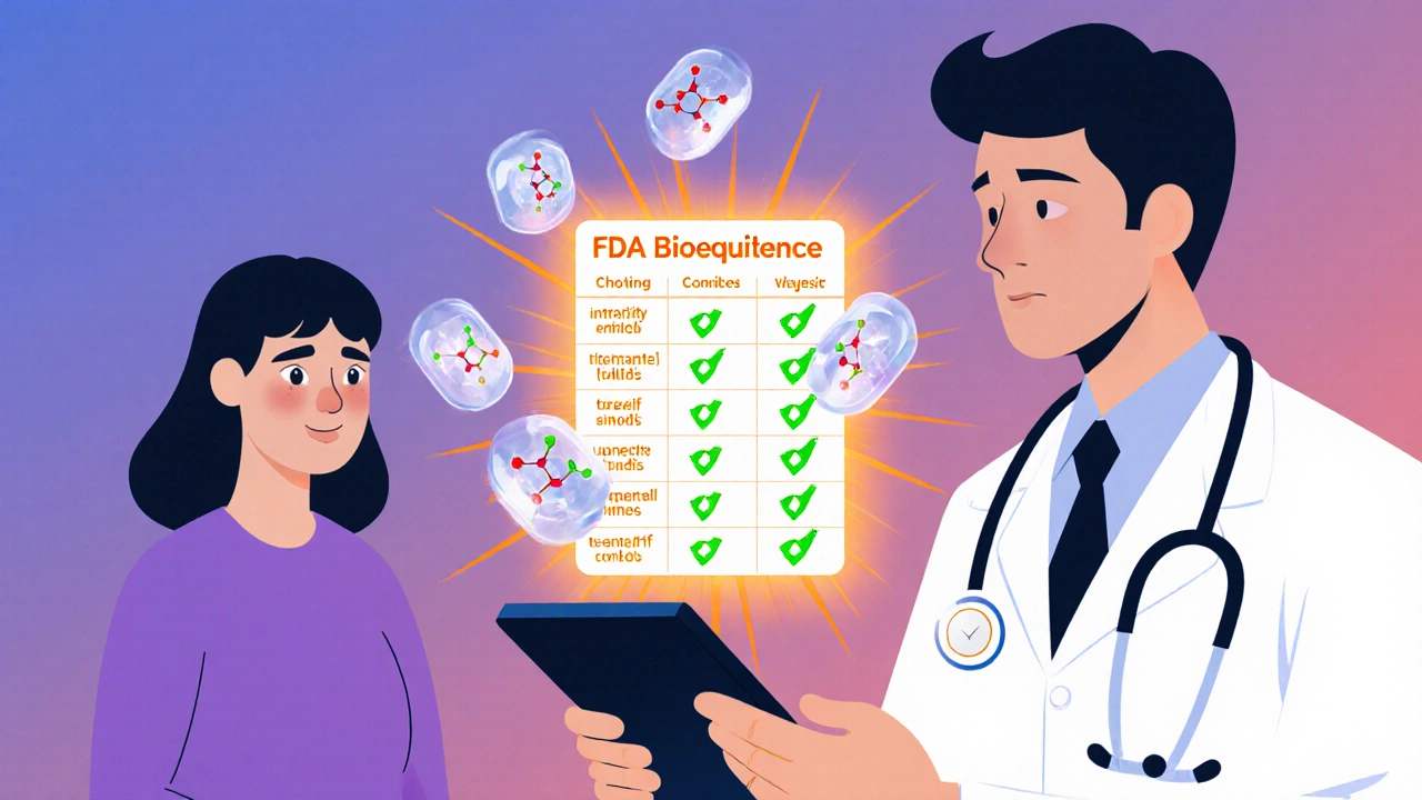Doctor and patient with AR overlay showing identical chemical structures in brand and generic pills.
