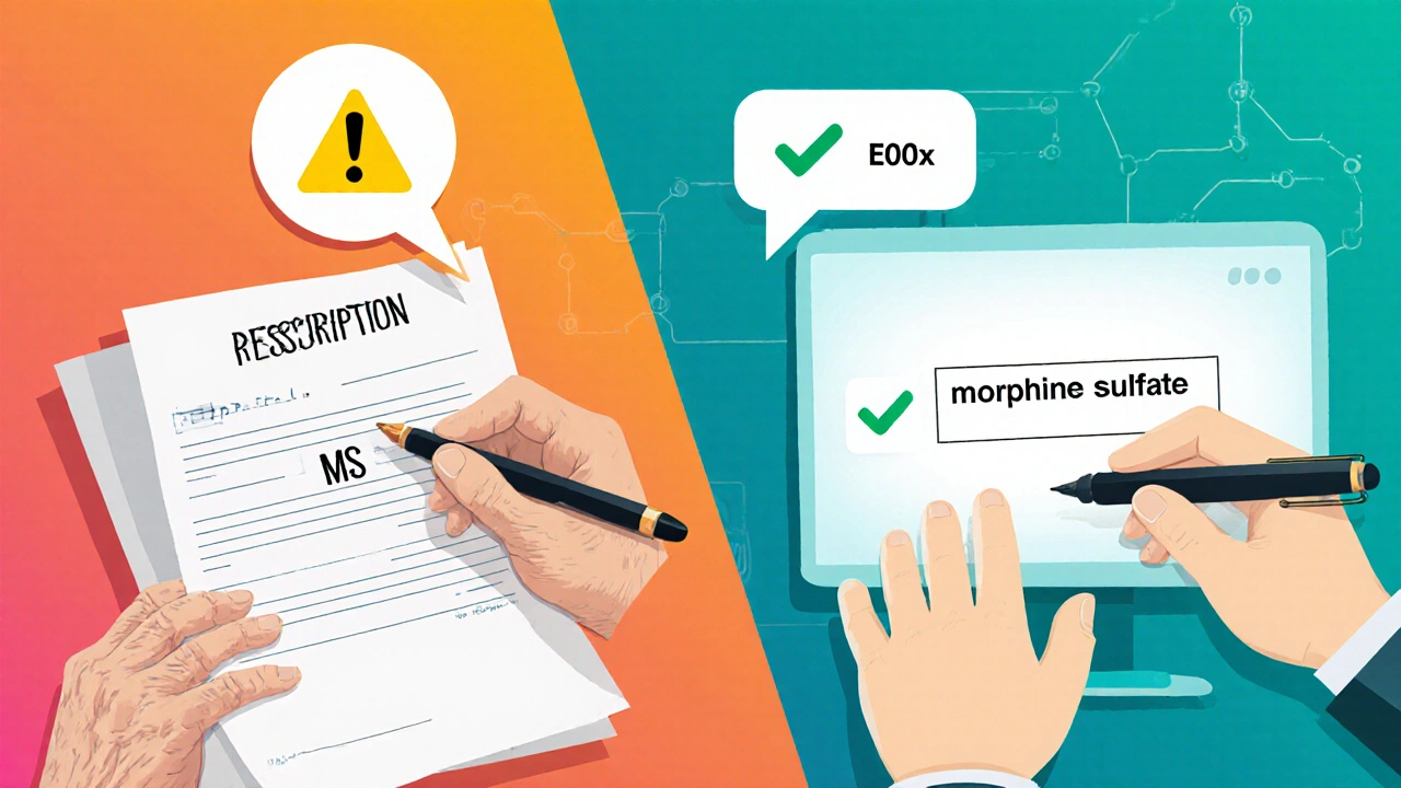 Elderly doctor writing &#039;MS&#039; beside a young clinician typing &#039;morphine sulfate&#039; on a digital screen with AI correction.