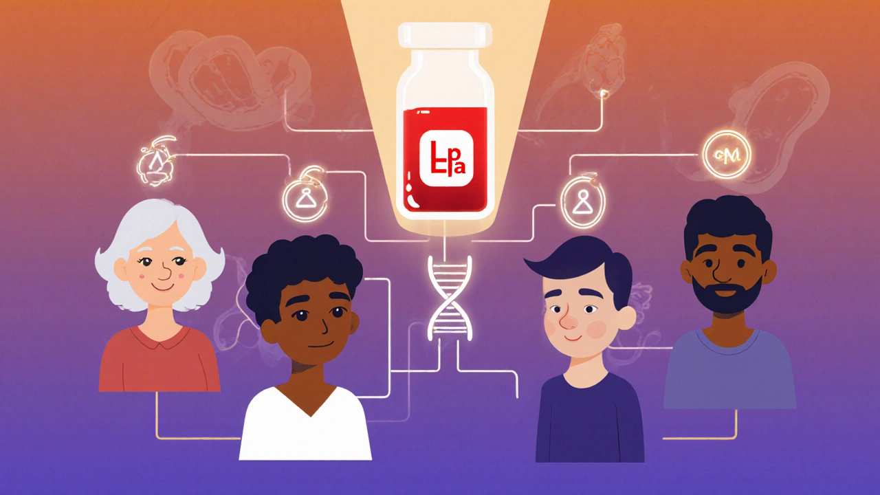 Family tree with Lp(a) symbols above affected members, blood vial casting light on inherited risk