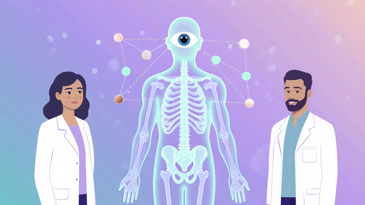 Ophthalmologist and rheumatologist connect eye to body systems with glowing pathways in gradient illustration.