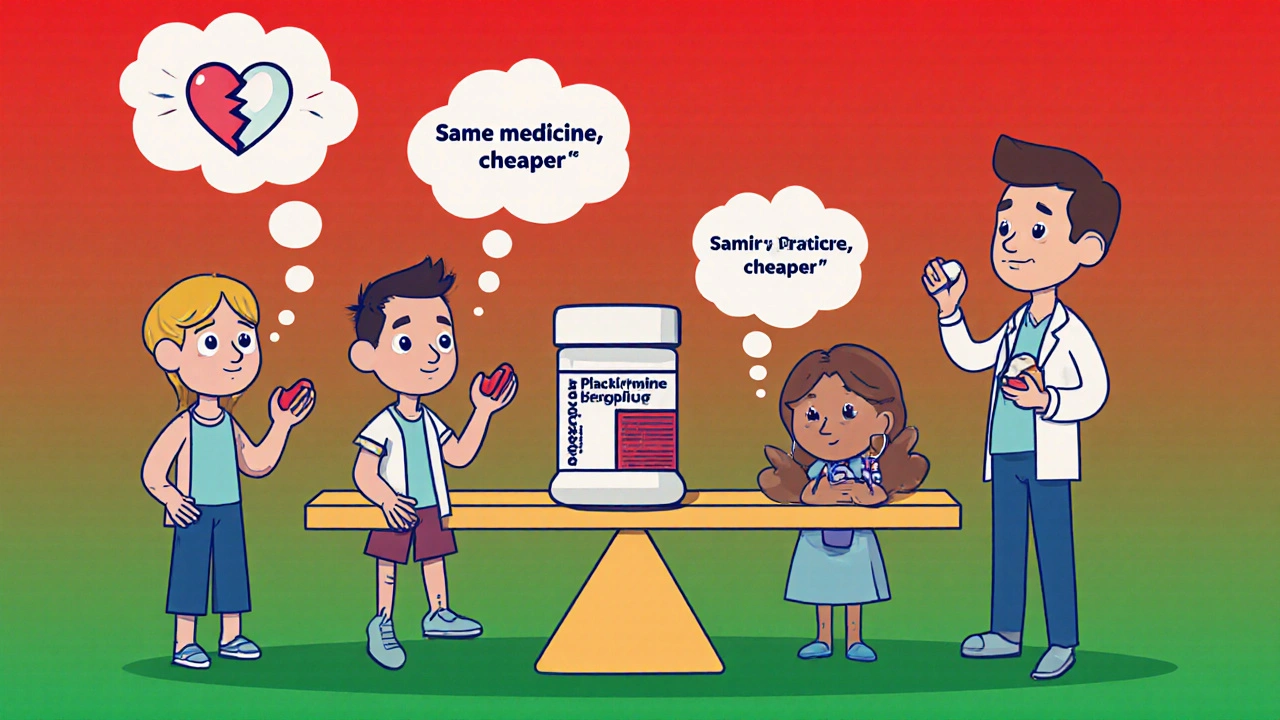 Patients with mental health conditions and thought bubbles, balanced by a doctor’s message about generic equivalence.