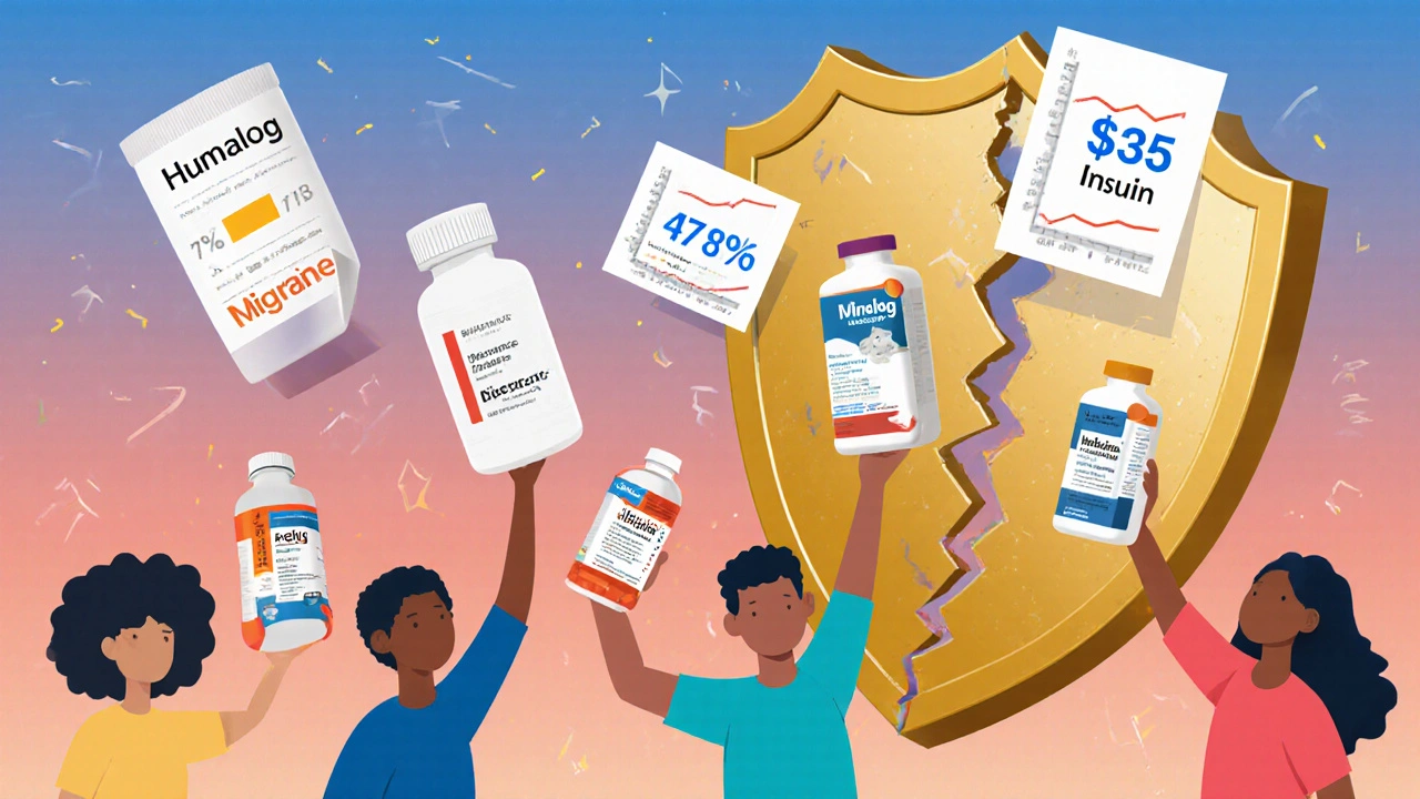 People holding brand-name medications as a giant insurance shield breaks apart under medical evidence and success rates.