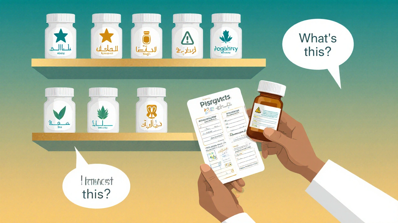 Pharmacy shelf with clearly labeled culturally certified medications and multilingual guide.