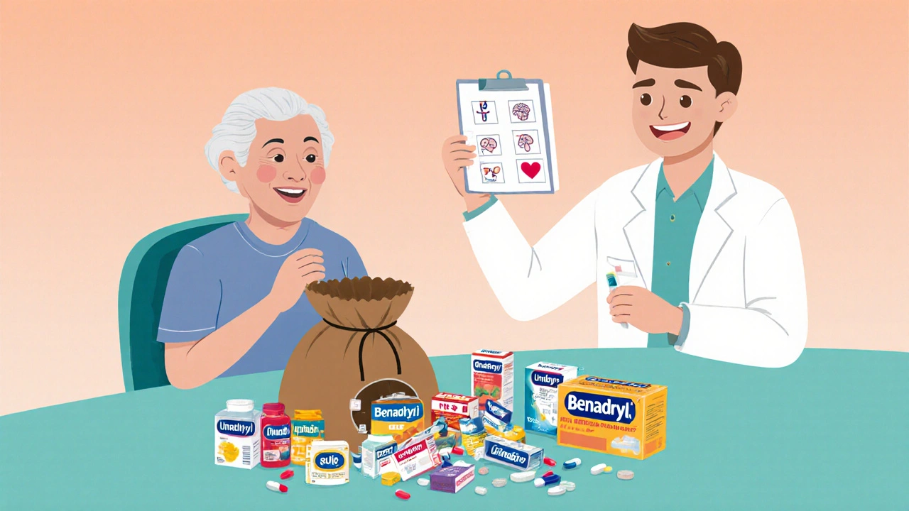Senior at kitchen table with pills spilling from a brown bag, pharmacist offering guidance.