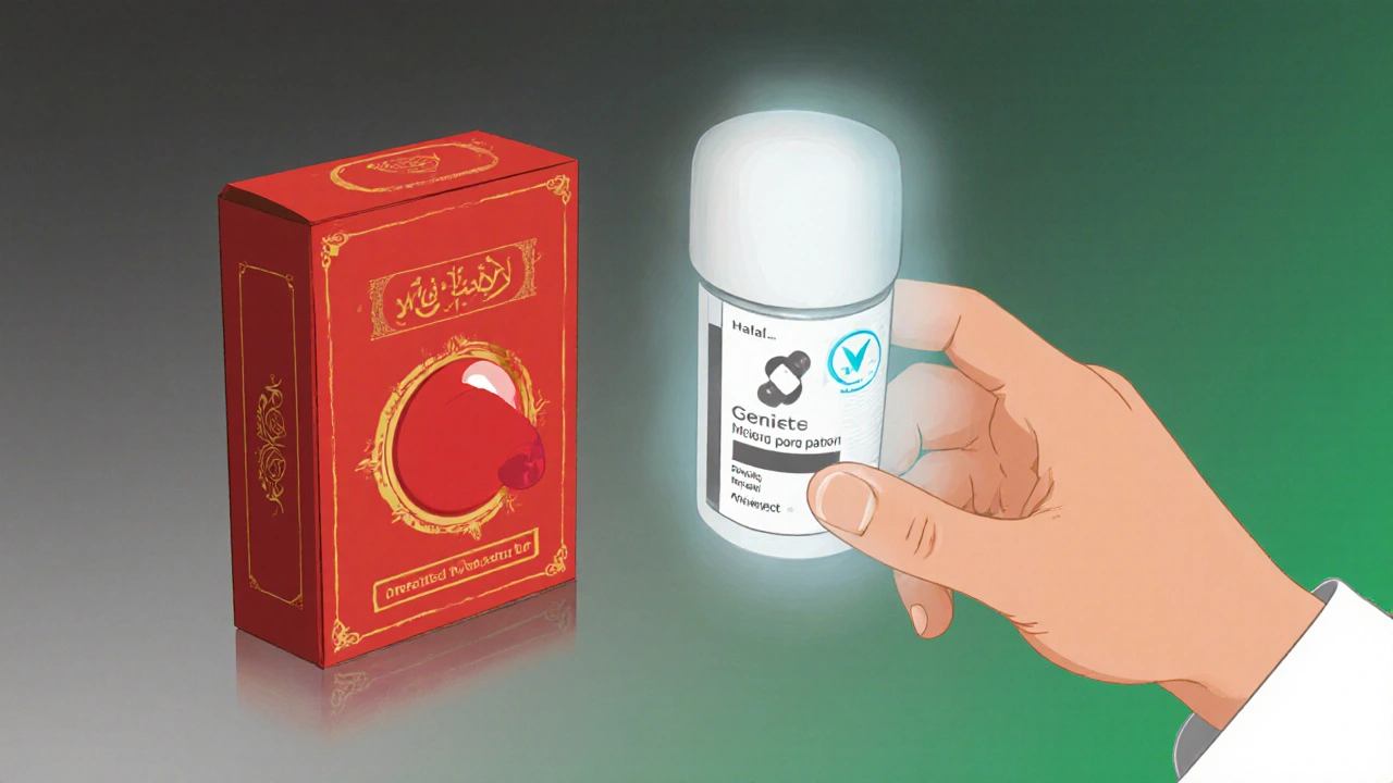 Side-by-side brand and generic capsules with halal symbol emerging as patient hesitates.