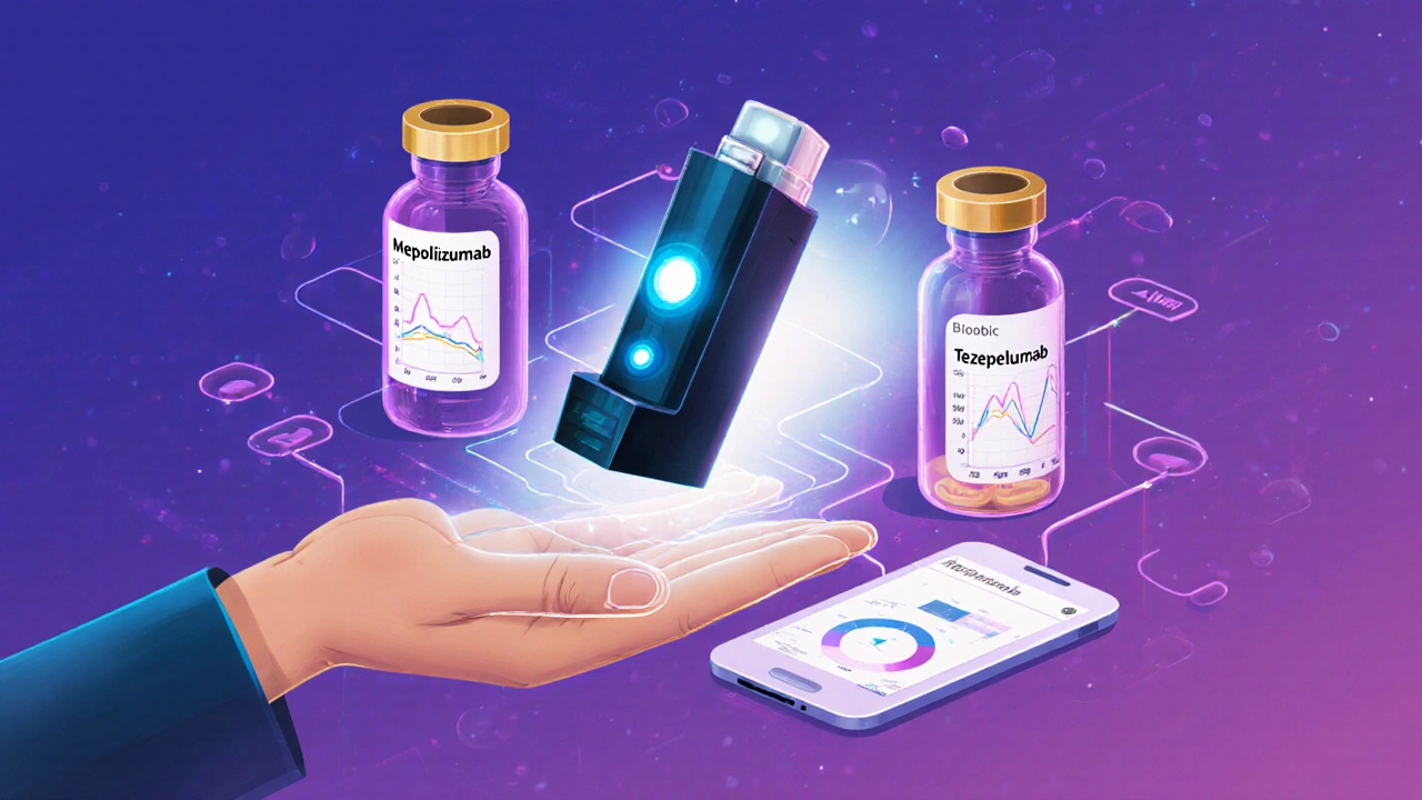 Smart inhaler with digital tracking and biologic treatments glowing in gradient colors.