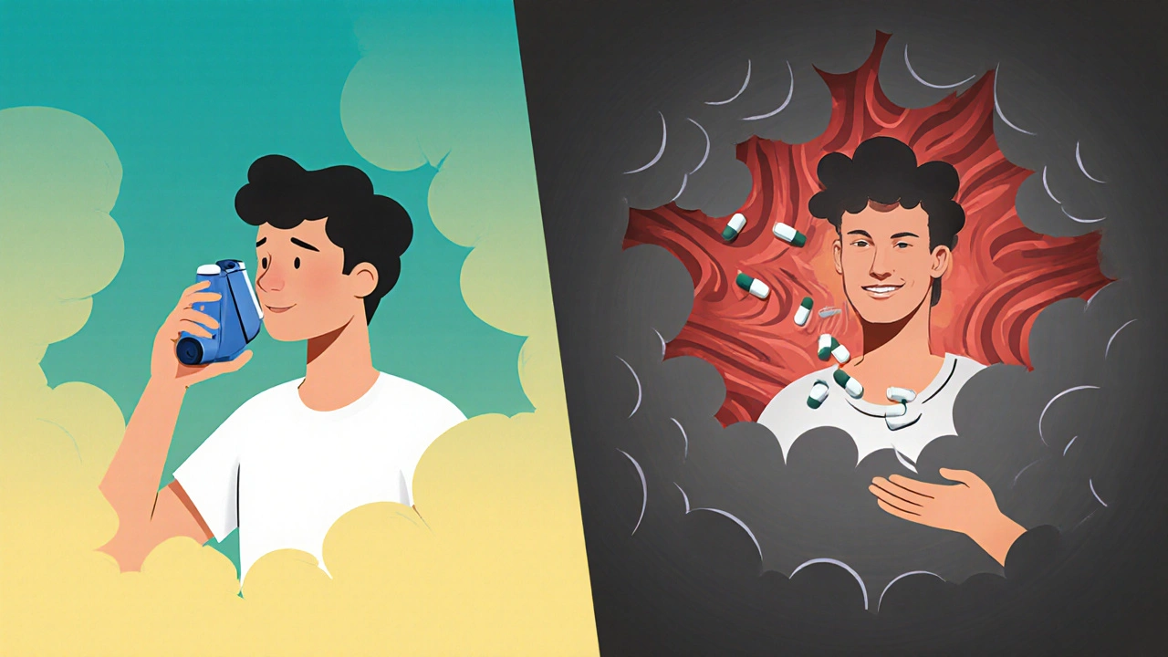 Split illustration comparing effective inhaler use with side effects of oral steroids for asthma.