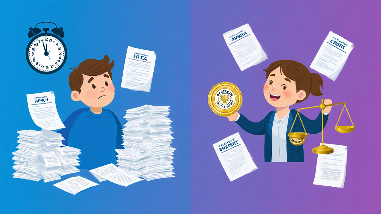 Split scene showing insurance paperwork stress transforming into approval with an independent reviewer&#039;s golden stamp.