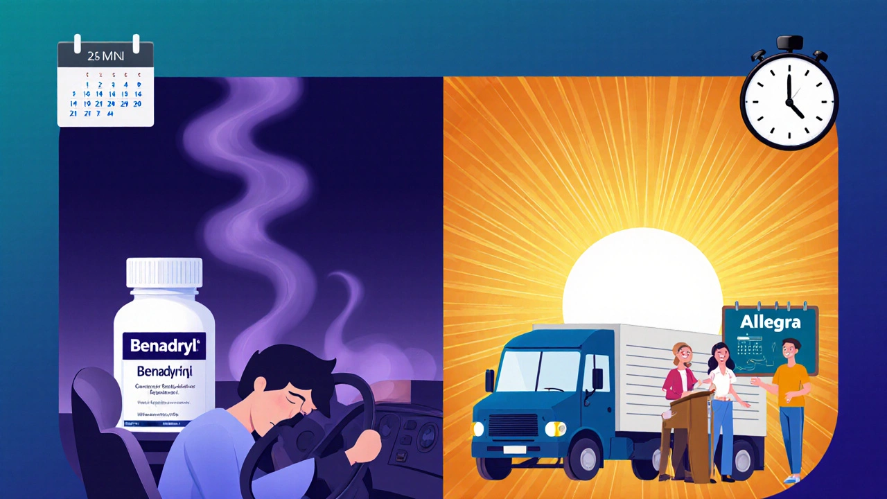 Two pill bottles: one causing drowsiness at a wheel, the other empowering alertness, gradient colors contrasting sleep and energy.