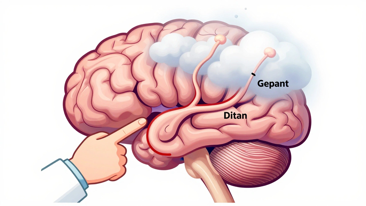 A brain diagram showing three treatment pathways, with the gepant route marked as safest.
