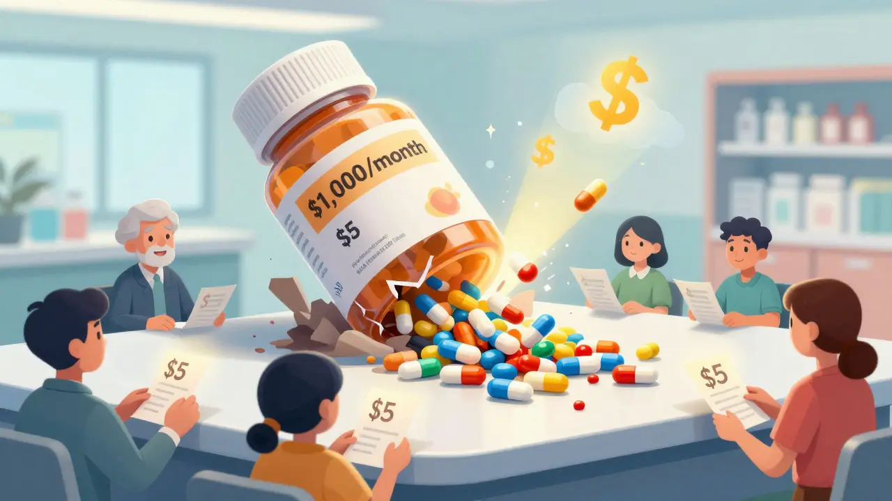 A brand-name drug bottle crumbling as cheap generic pills reach patients, glowing with savings light.