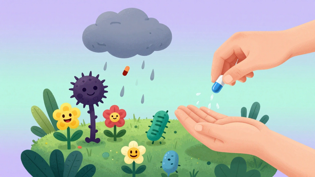 A child&#039;s gut is illustrated as a garden with healthy bacteria and a harmful weed, protected by a probiotic capsule.