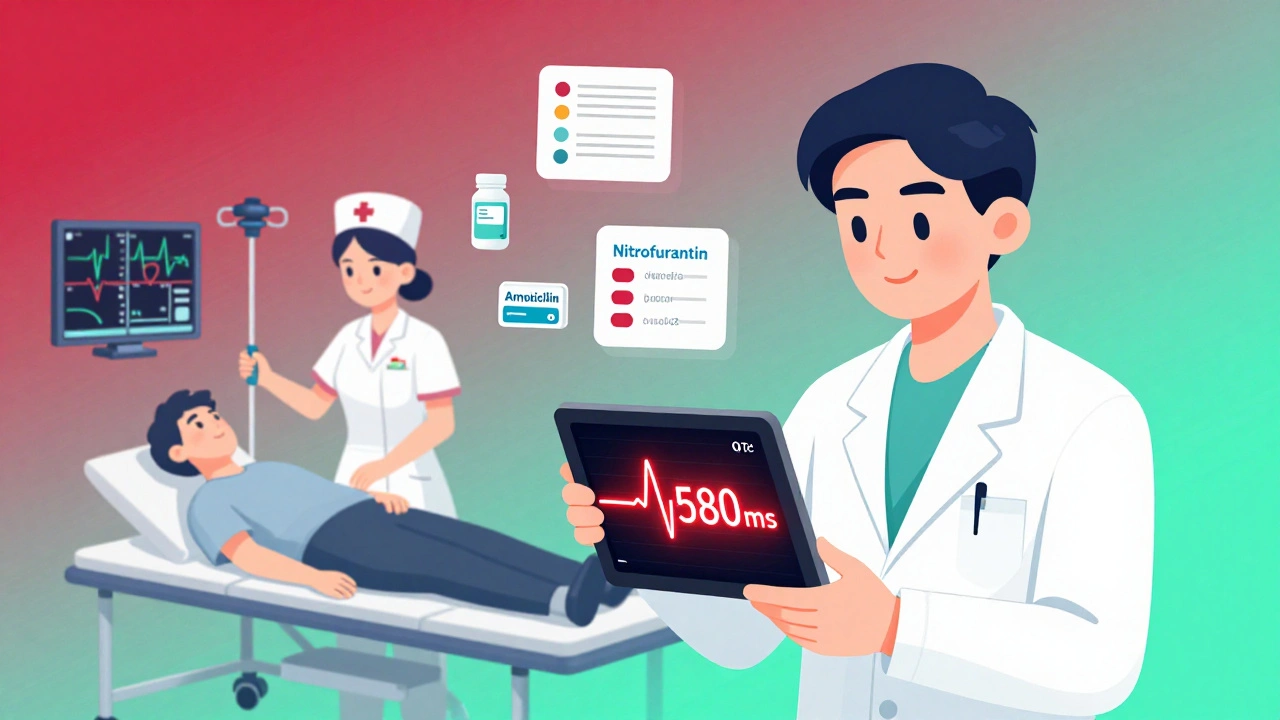 A clinician views an AI alert for dangerous QT prolongation, while a nurse gives IV magnesium to a patient on telemetry.
