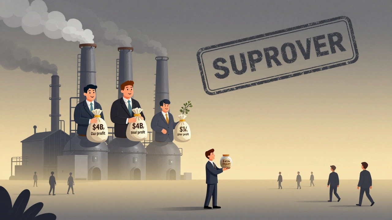 A consumer with a small change jar dwarfed by a sugar refinery profiting billions while the public pays unknowingly.