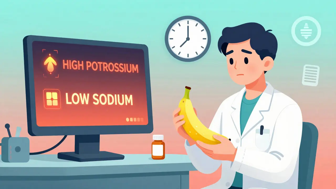 A doctor's alert system warning of electrolyte imbalances while a patient holds risky items