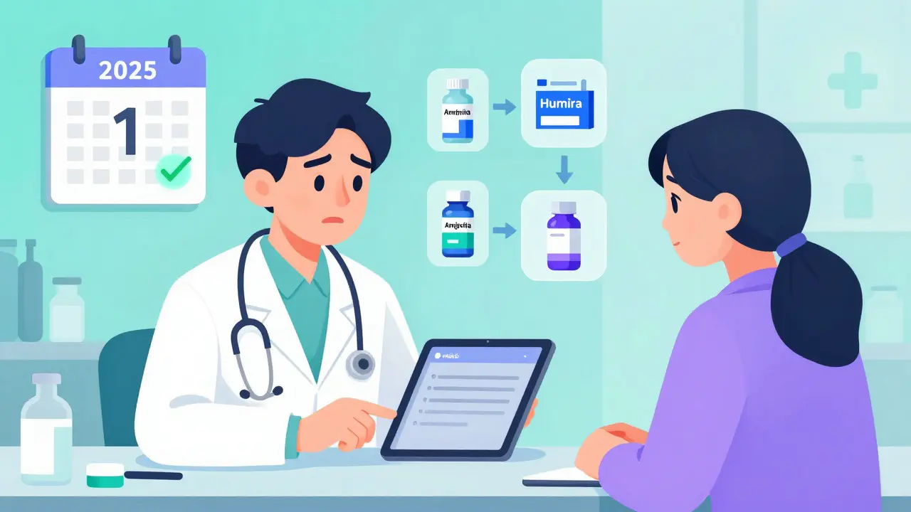 A doctor and patient reviewing a tablet showing medication switches from brand to biosimilar drugs.
