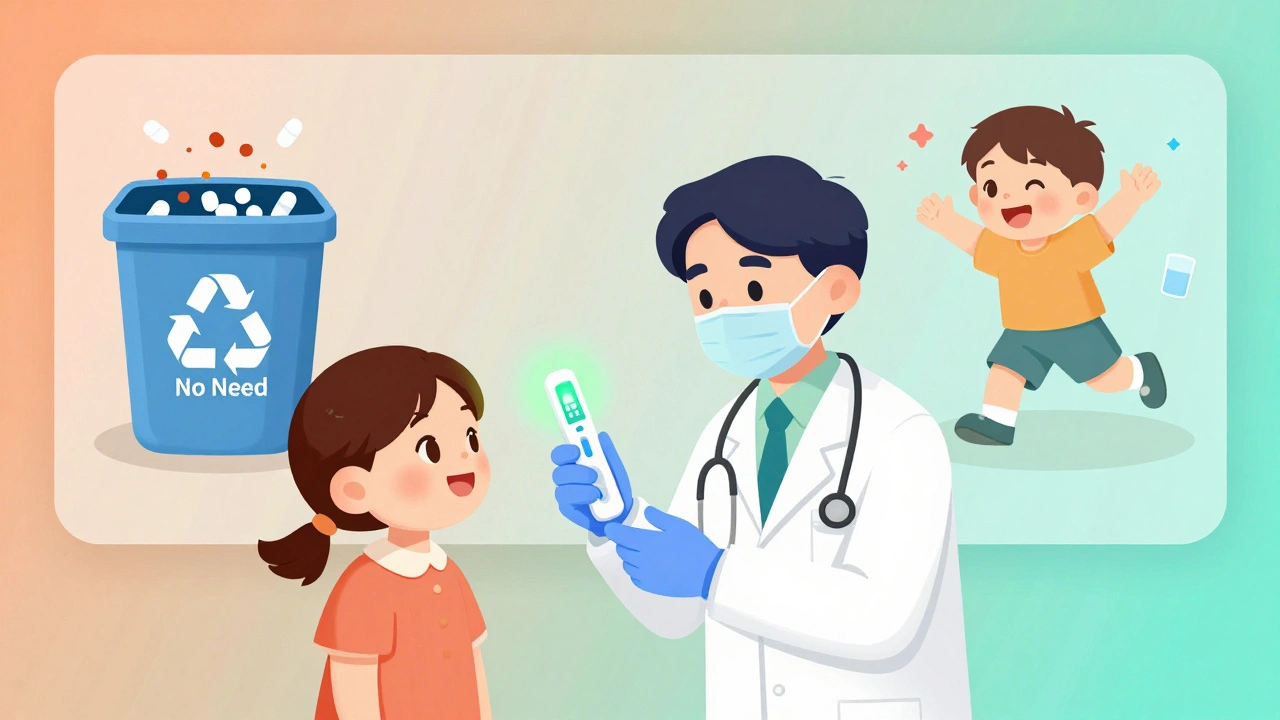 A doctor uses a rapid test device in a clinic, with antibiotics being discarded and a child playing happily nearby.