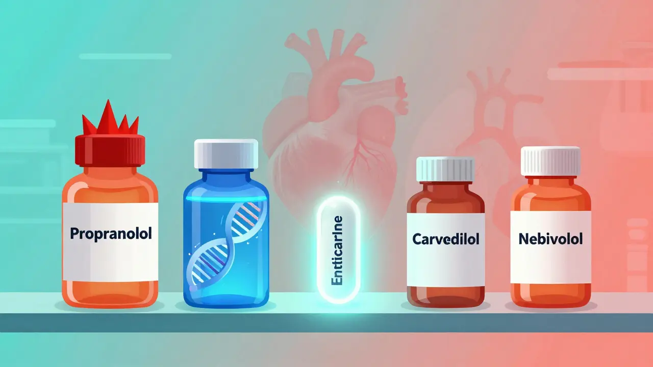 A futuristic pharmacy shelf with glowing beta-blocker bottles, each visually distinct, featuring DNA and vasodilation motifs in gradient tones.