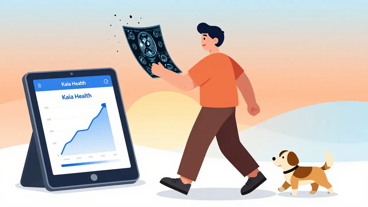 A person discarding an MRI scan while using a pain management app, walking confidently with their dog, representing recovery from chronic pain.