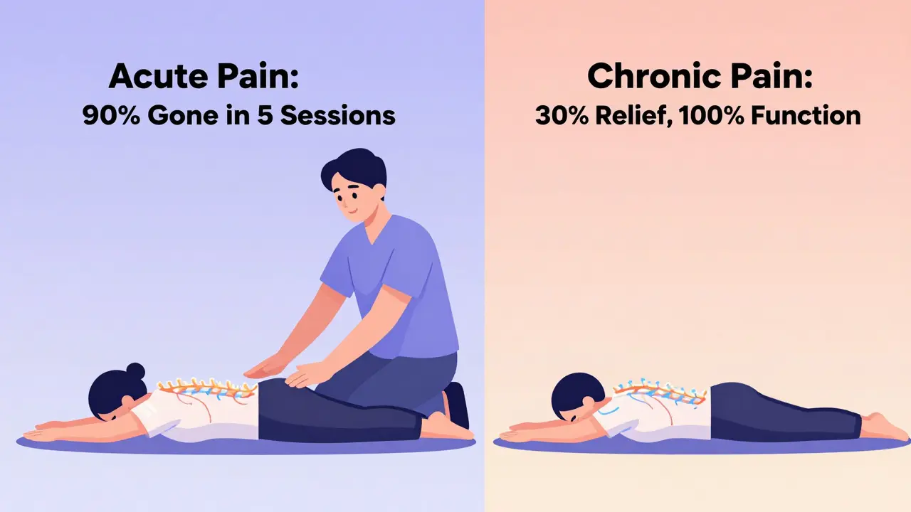 A physical therapist guiding a patient through a gentle stretch, with glowing nerve pathways and text showing pain improvement outcomes.