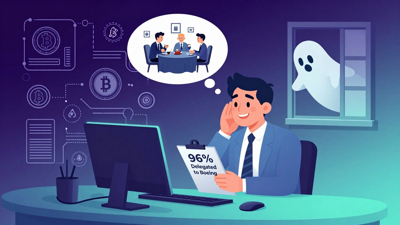 A regulator overwhelmed by complex tech, influenced by an industry rep, while a public advocate is pushed out the window.