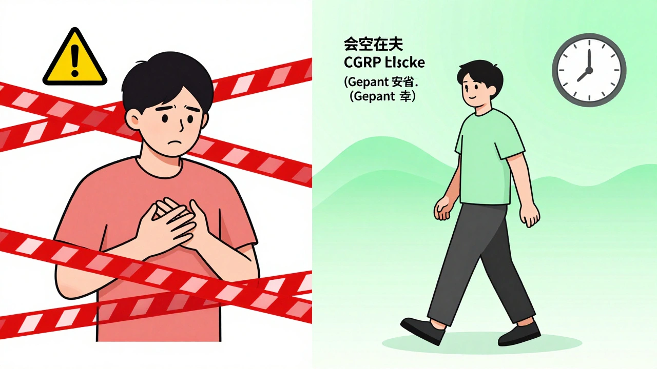 A split illustration contrasting chest tightness from triptans with calm freedom from gepants.