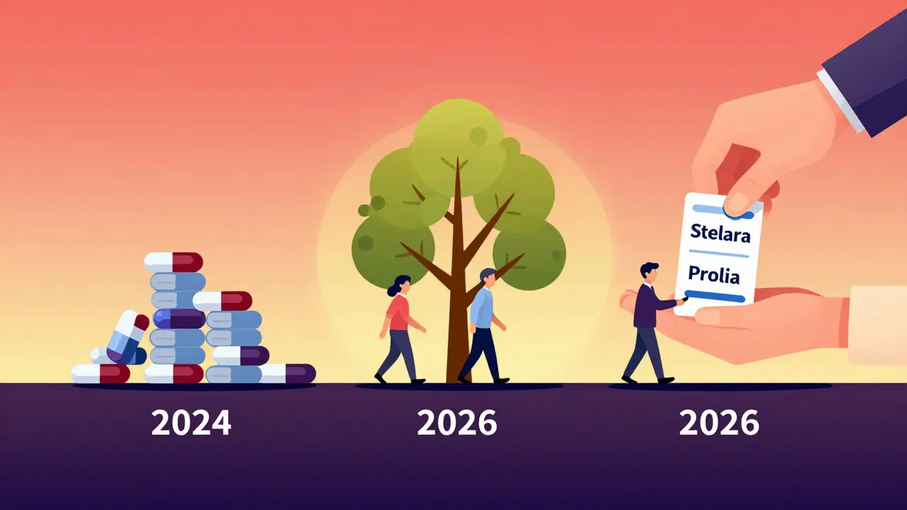 A timeline showing expensive drugs replaced by biosimilars and government-negotiated price reductions.