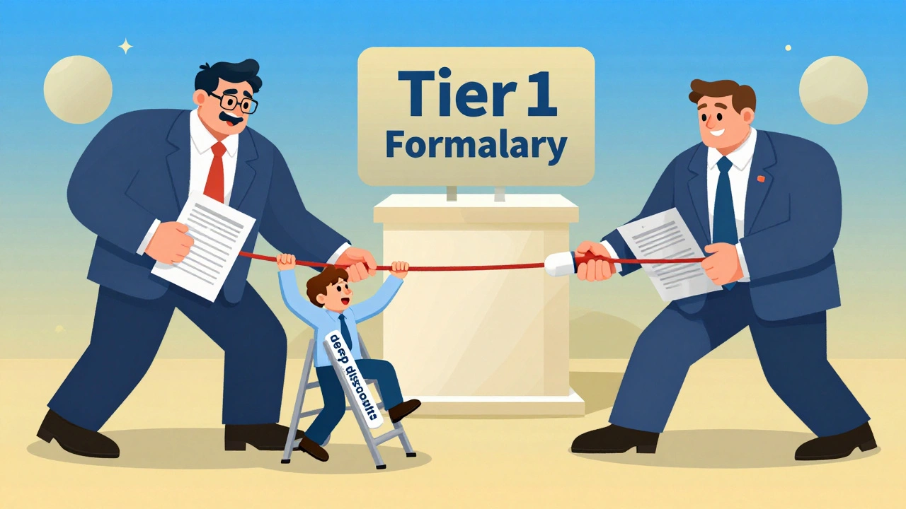 A tug-of-war between a small drugmaker and PBMs over a pill, symbolizing formulary access with vibrant gradient tones.