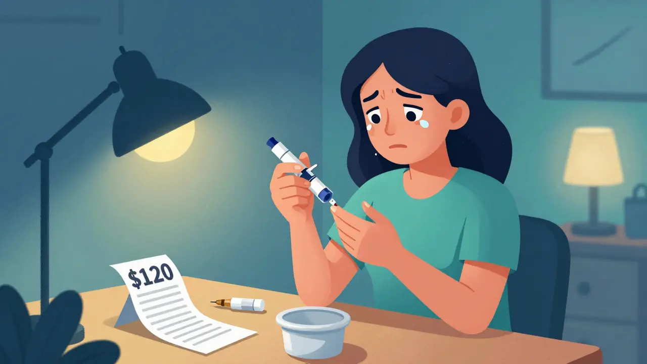 A woman splits her insulin dose in half, facing the impossible choice between medicine and groceries.