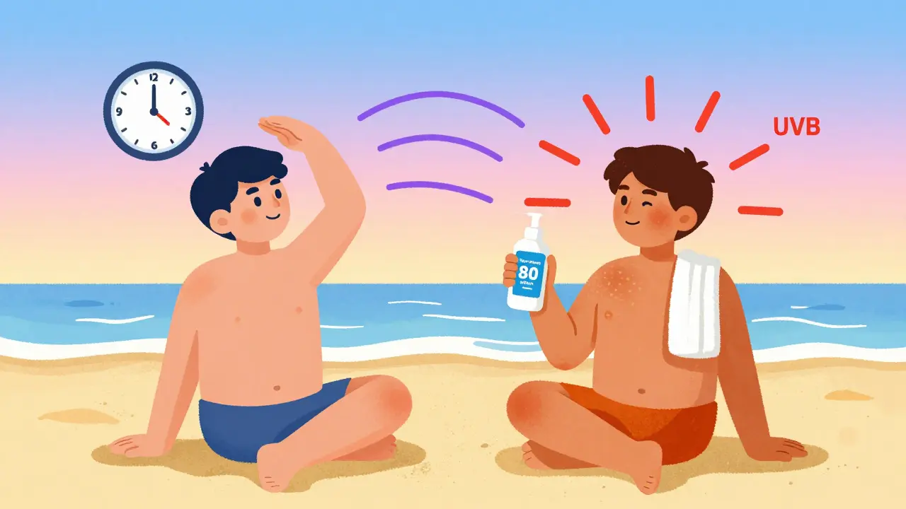 Beachgoer reapplying sunscreen on time versus sunburned person with expired bottle and towel.