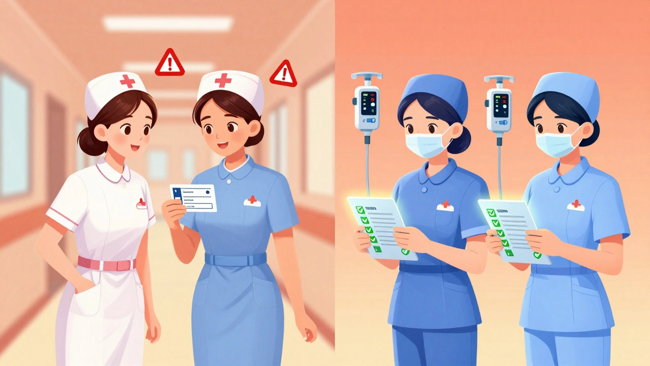 Contrasting scenes of rushed vs. thorough medication verification in a hospital.