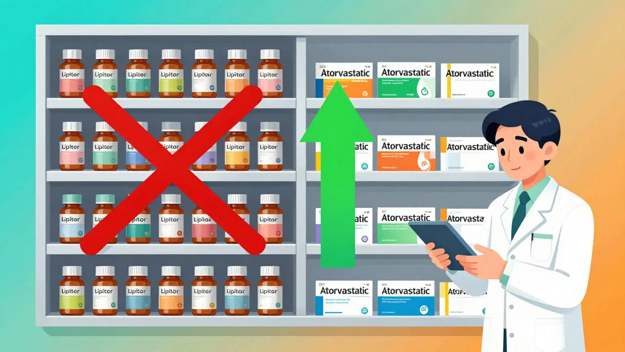 Contrasting shelves: expired brand-name drugs vs. fresh generic alternatives in a colorful cartoon pharmacy