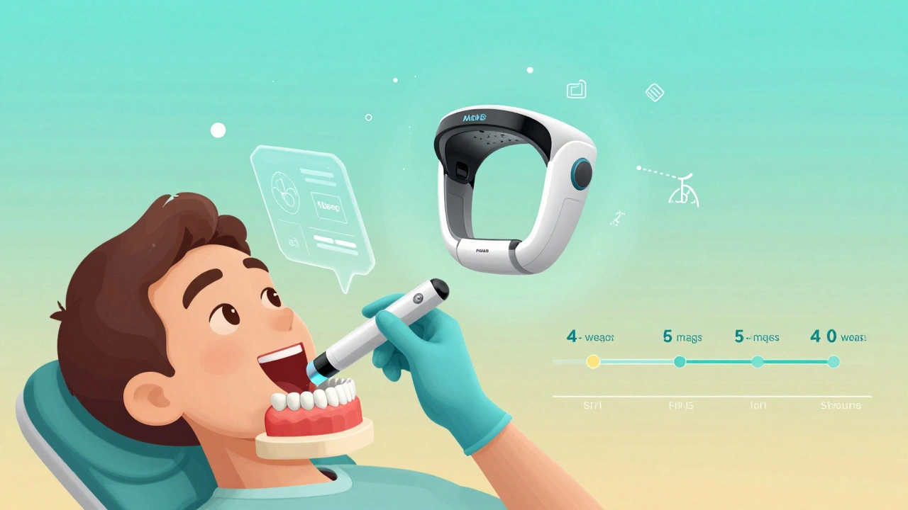 Dentist scanning jaw as a custom sleep device forms in holographic display.
