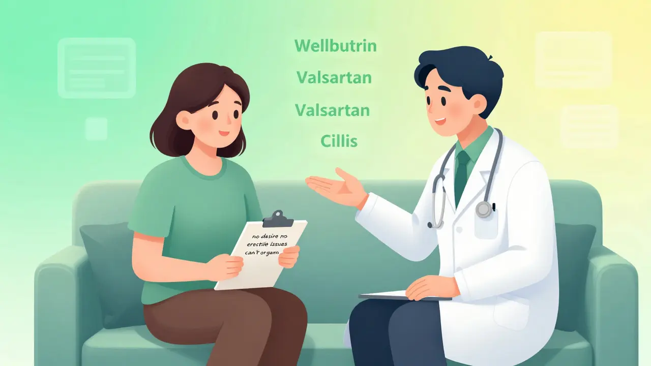 Doctor and patient discussing treatment alternatives for sexual side effects in a calm, supportive setting.