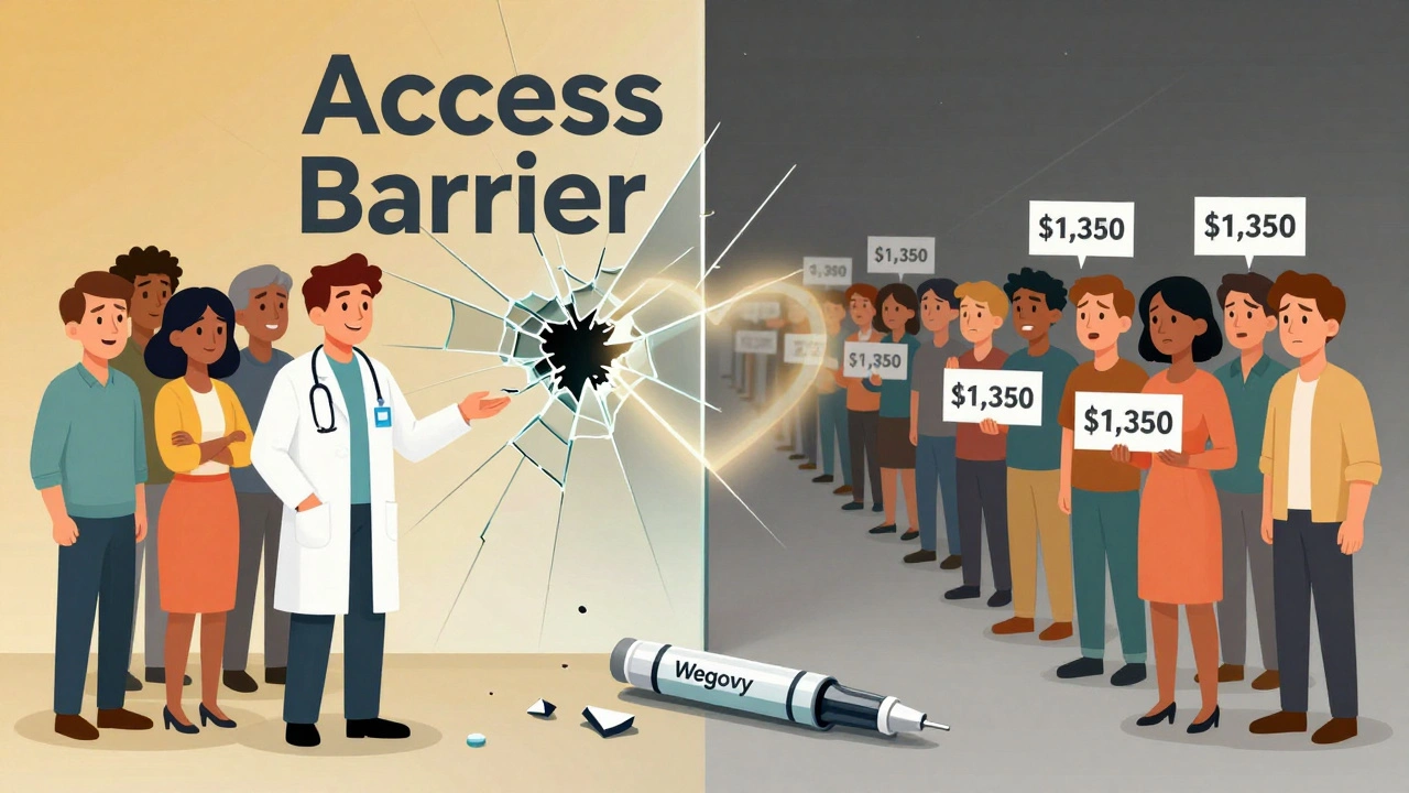 Fracured wall dividing people who can afford Wegovy from those who can&#039;t, with price tags and broken pen in center.