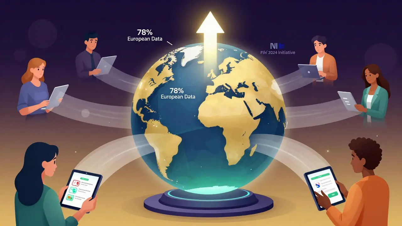 Global AI pharmacy hub with data equity arrow highlighting underrepresented populations