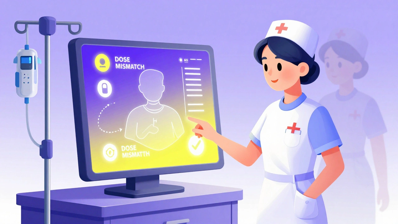 Nurse pausing at a smart pump with AI health data hologram and alert notifications.