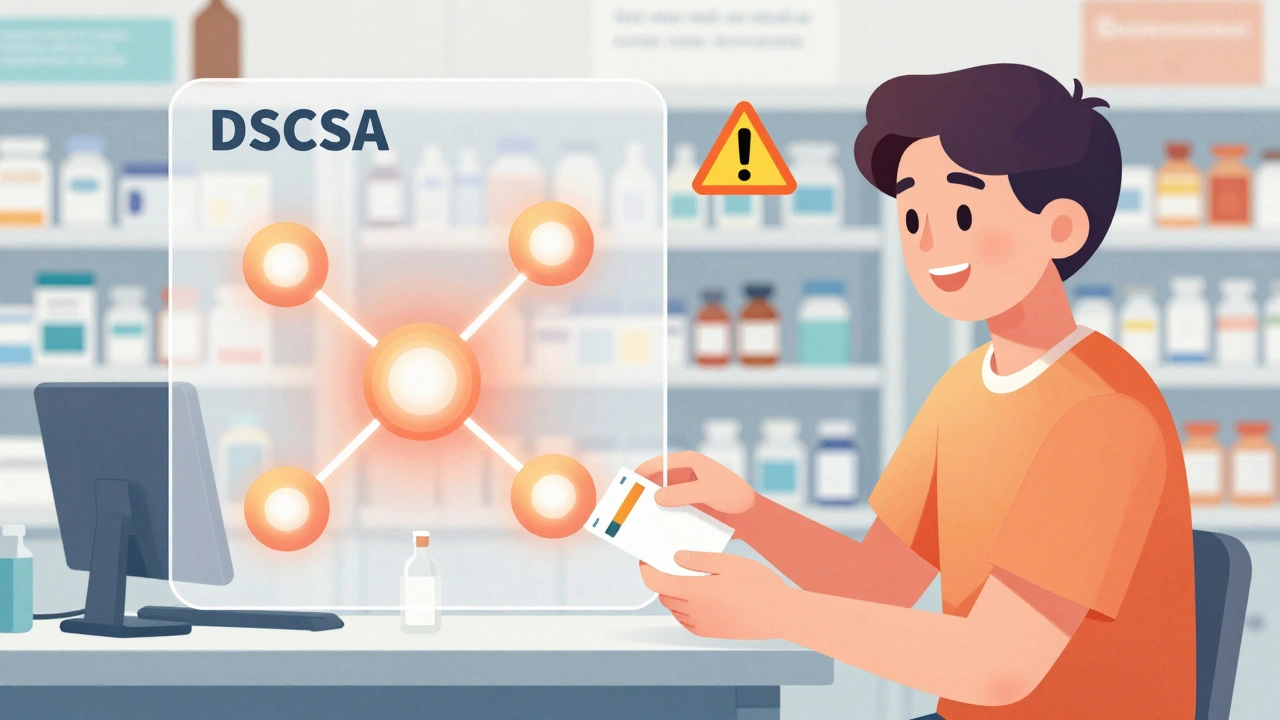 Patient receives prescription with transparent journey overlay, blocking fake drugs in background.