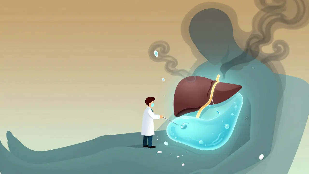 Patient with swollen belly being drained, gray brain fog approaching, floating salt crystals and diuretic pills nearby.