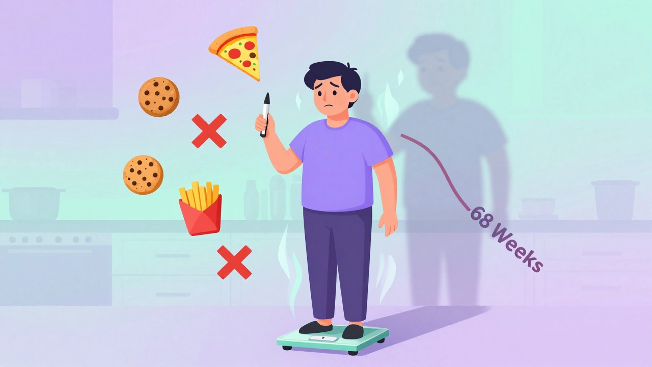 Person holding Wegovy pen in kitchen, food icons with X marks, graph showing weight loss, shadow of past self fading.