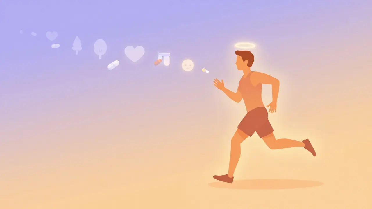 Person jogging at sunrise as medication icons fade and are replaced by symbols of restored well-being.